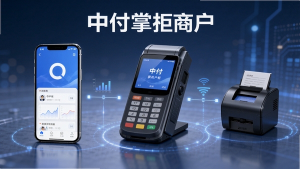 中付掌柜商户版功能亮点示意图,展示手机APP与智能POS机、云打印机互联场景,科技感商务风格,中付掌柜商户版文字标识