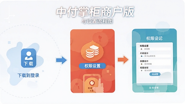 中付掌柜商户版安装与设置流程图,展示从下载到登录的步骤,包含权限设置界面,扁平化设计风格,中付掌柜商户版文字标识