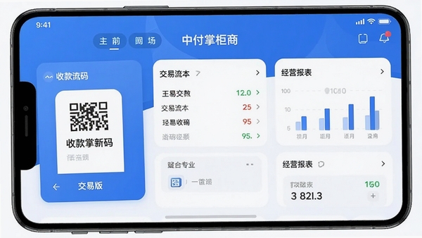 中付掌柜商户版APP主界面展示,包含收款码、交易流水、经营报表等模块,风格简洁商务,蓝白配色,高清UI设计图