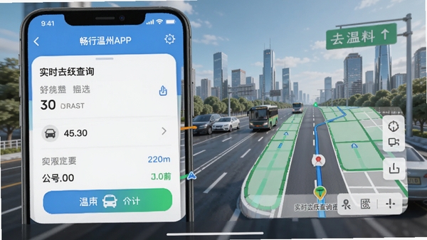 畅行温州APP实时公交查询界面与城市道路导航场景AI生图