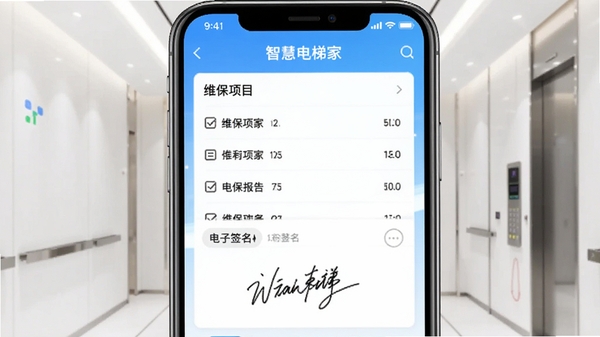 智慧电梯家app电子维保报告与电子签名界面,手机屏幕上显示维保项目清单与手写签名区域,背景干净明亮,标注“智慧电梯家”