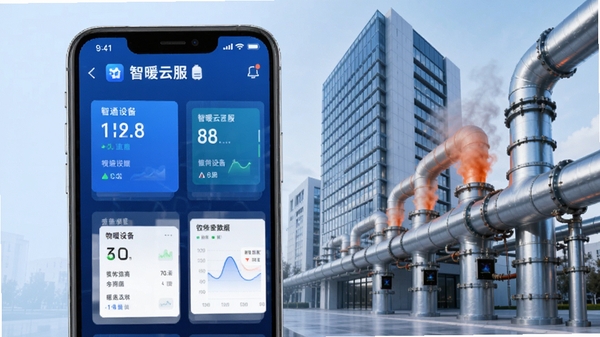 智暖云服APP主界面展示,手机屏幕中呈现暖通设备物联网管理面板,蓝色科技感UI风格,设备状态卡片与数据曲线清晰可见,背景为现代智能楼宇与暖通管道元素融合,整体画面简洁专业,突出软件名称智暖云服
