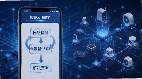 智暖云服APP故障排查流程图,手机屏幕显示设备离线诊断界面,包含网络检测、设备状态、解决方案等步骤,蓝色科技风格,背景为物联网设备连接示意图,突出智暖云服软件名称
