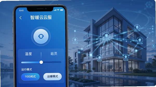 智暖云服APP远程控制功能演示界面,手机屏幕显示暖通设备控制面板,包含开关按钮、温度调节滑块、运行模式选项,界面采用蓝色渐变科技风格,背景为智能建筑与物联网连接线,突出智暖云服软件品牌