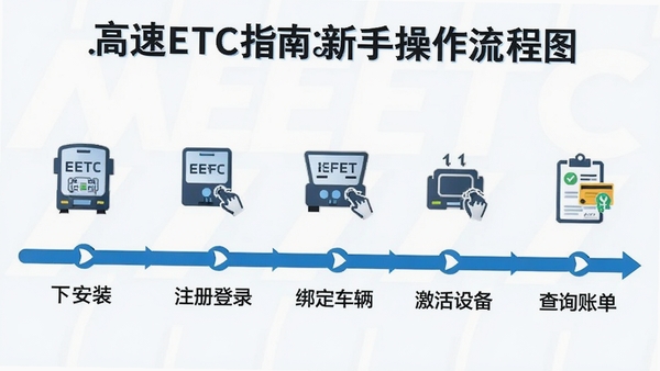 高速ETC指南新手操作流程图,展示从下载安装、注册登录、绑定车辆、激活设备到查询账单的完整步骤,以时间轴形式呈现,风格清晰直观,带有高速ETC指南文字