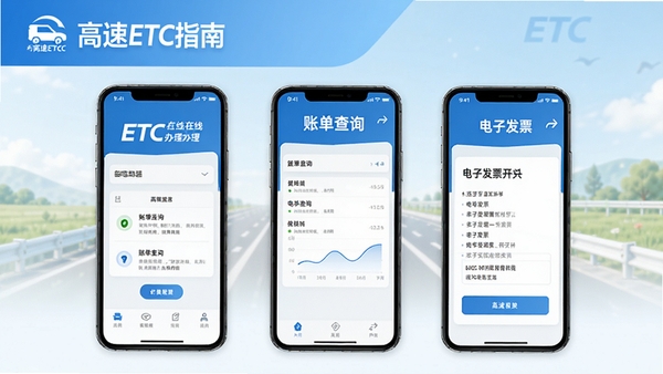 高速ETC指南功能示意图,展示手机端ETC在线办理流程、账单查询界面、电子发票开具页面三个手机屏幕并排展示,整体风格清新简洁,带有高速ETC指南品牌标识