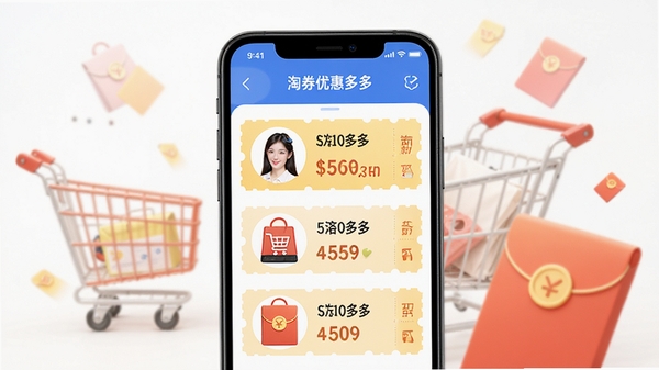淘券优惠多多APP界面展示,手机屏幕中显示各类商品优惠券列表,背景为购物车和红包元素,风格简洁明亮,突出省钱购物主题