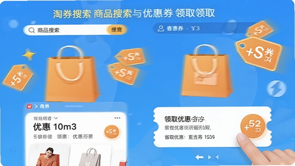 淘券优惠多多APP内商品搜索与优惠券领取界面,用户正在点击领取优惠券,画面中有购物袋和折扣标签,体现省钱购物场景