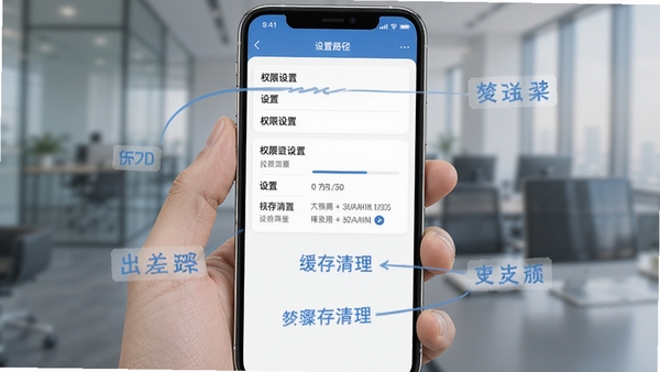 出差大橙移动端操作界面,展示权限设置与缓存清理步骤,手机屏幕截图风格,清晰标注设置路径,商务蓝色调