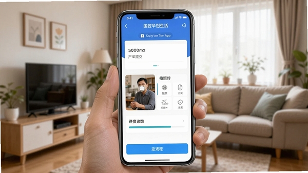 国控华创生活App报修工单提交界面截图,显示拍照上传与进度追踪功能,手机屏幕清晰,背景为社区家庭环境