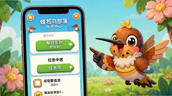 蜂鸟部落任务中心界面展示,手机屏幕显示每日签到和任务列表,卡通蜂鸟吉祥物在旁边指引,明亮活泼的UI风格
