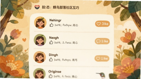 蜂鸟部落社区互动界面,用户头像和动态列表,点赞评论图标,温暖的社区氛围插画
