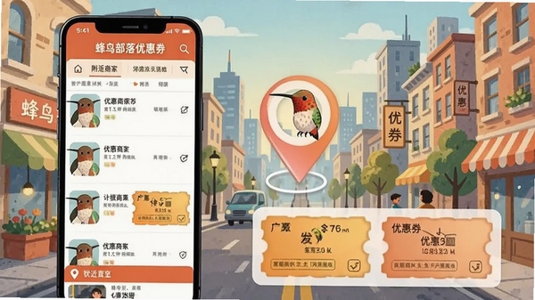 蜂鸟部落优惠券领取页面,手机屏幕显示附近商家列表和优惠券卡片,地图定位图标醒目,背景为城市街景插画