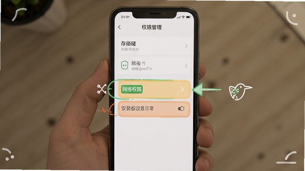 蜂鸟部落安装权限设置示意图,手机屏幕显示权限管理页面,存储和网络权限高亮标注,简洁教程风格
