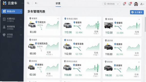 云查车软件多车管理列表界面,展示多辆车的位置状态和在线信息,风格清晰易读