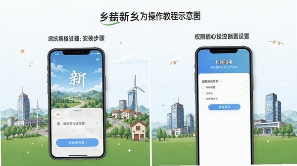 我的新乡app操作教程示意图,显示手机安装步骤和权限设置界面,简洁明了的UI设计风格,新乡城市元素点缀