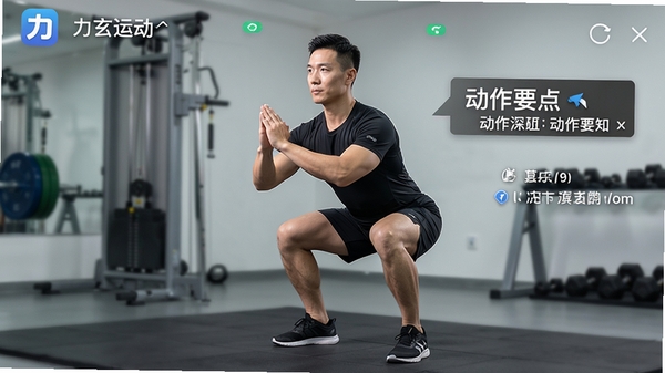 力玄运动app真人视频教学界面,专业教练正在演示标准深蹲动作,画面清晰,带有动作要点文字提示,整体风格简洁专业
