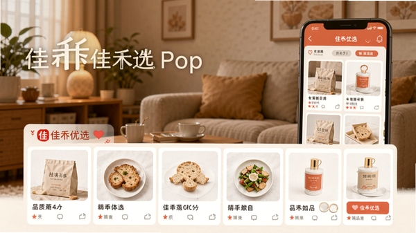 佳禾优选APP购物界面展示,手机屏幕中呈现精选商品列表,背景为温馨生活场景,突出品质购物氛围