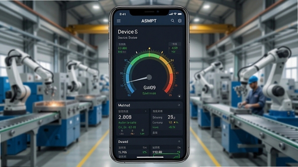 ASMPT Mobile软件界面展示,手机屏幕显示设备状态监控仪表盘,工厂背景