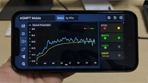 ASMPT Mobile实时监控界面截图,手机显示设备参数曲线图与状态指示灯