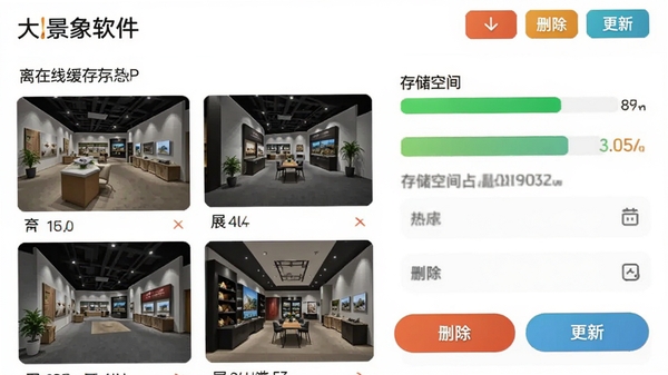 大景象APP离线缓存管理界面,展示多个已下载展厅缩略图与存储空间占用条,界面带有大景象软件名称与删除、更新按钮