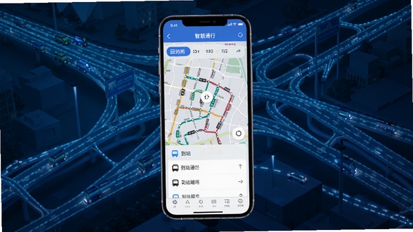 智慧通行APP线路查询界面,手机屏幕显示公交线路地图和到站时间列表,背景为城市交通路网,科技感蓝色调
