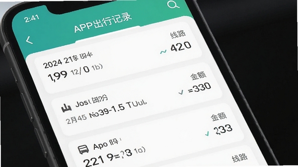 智慧通行APP出行记录页面,手机屏幕显示乘车历史列表,包含日期、线路、金额等信息,界面整洁,数据可视化风格