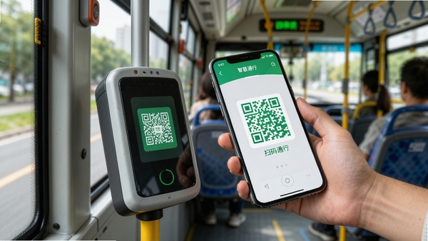 智慧通行APP扫码乘车功能演示,用户手持手机对准公交扫码机,屏幕显示绿色通行二维码,背景为公交车内部,写实风格