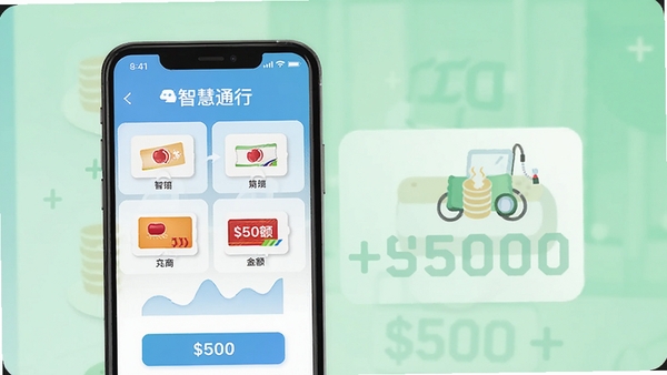 智慧通行APP充值页面展示,手机屏幕显示多种支付方式图标和充值金额选项,界面简洁清新,扁平化设计风格