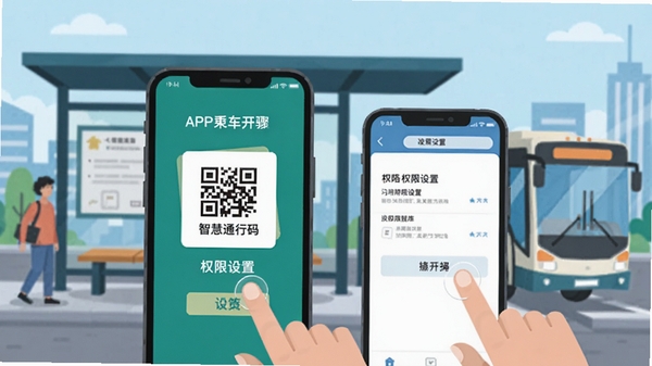 智慧通行APP使用教程示意图,手机屏幕展示乘车码开通步骤和权限设置界面,用户手指点击屏幕,背景为城市公交站台,扁平化插画风格