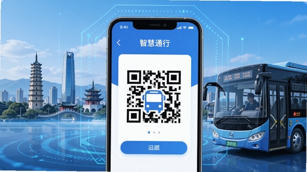 智慧通行APP主界面展示,手机屏幕显示公交乘车二维码,背景为昆明城市地标与公交车,科技感蓝色调,高清UI展示图