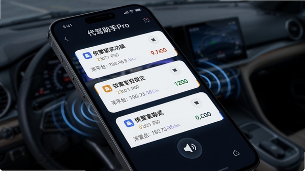 代驾助手Pro多平台订单聚合功能演示,手机屏幕显示多个订单卡片同时弹出,配有震动波纹和语音图标,科技感界面设计