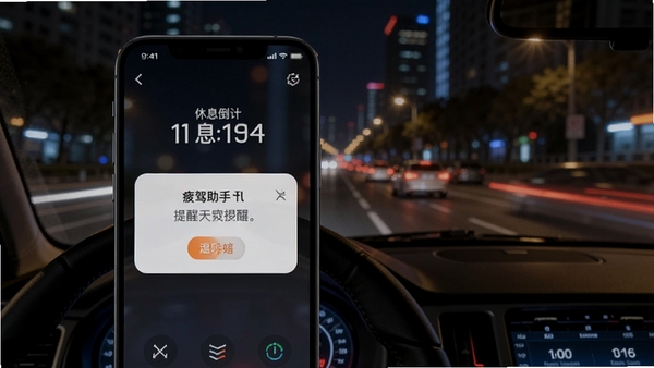 代驾助手Pro疲劳提醒与安全驾驶界面,手机显示休息倒计时和温馨提醒弹窗,夜间城市道路背景