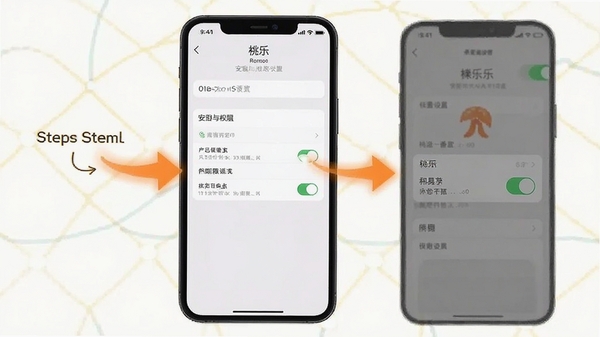 桃乐一番安装与权限设置示意图,手机屏幕中展示设置界面和权限开关,配有箭头标注操作步骤,风格简洁明了