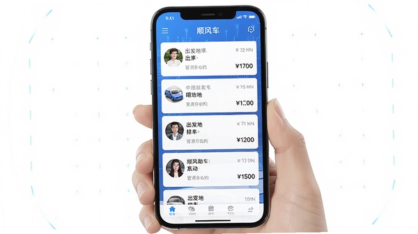 ͬ�г���˳�糵����APP����չʾ���ֻ���Ļ��ʾ���˳�糵�����б�������������Ŀ�ĵغͼ۸���Ϣ����ɫ�Ƽ���UI���