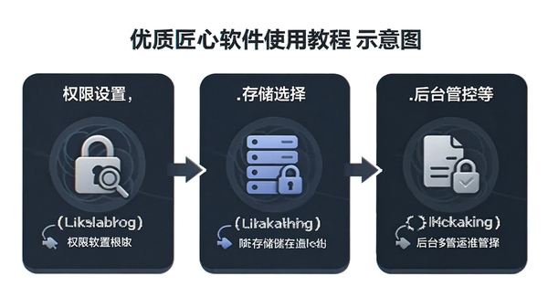 优质匠心软件使用教程示意图,包含权限设置、存储选择、后台管控等步骤的图文说明,风格简洁明了