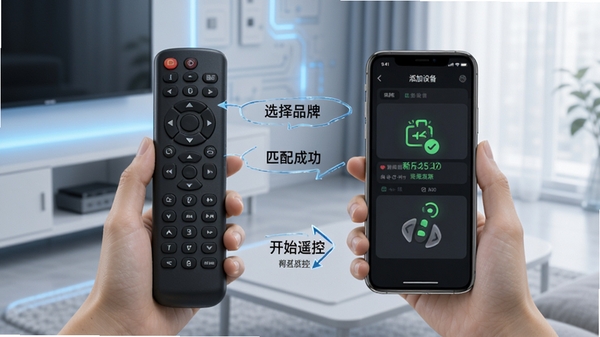 电视遥控器控新手操作示意图,手机屏幕显示添加设备界面,旁边有箭头标注“选择品牌”“匹配成功”“开始遥控”等步骤,背景为简洁的科技风格