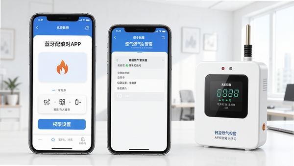 燃气安全管家APP操作教程示意图,手机界面展示蓝牙配对步骤和权限设置页面,旁边有智能燃气报警器设备,背景简洁明亮,适合新手用户观看学习