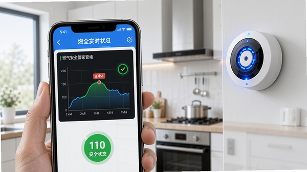 燃气安全管家APP实时监测界面,手机屏幕显示燃气浓度曲线图和绿色安全状态标识,背景为现代厨房场景,智能报警器设备亮起蓝色指示灯,整体风格科技感强、色彩明亮