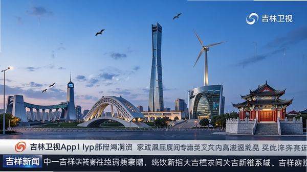 吉祥新闻APP界面展示,手机屏幕中正在播放吉林卫视高清直播,屏幕下方有新闻滚动条,背景为长春地标建筑,科技感与本地特色融合