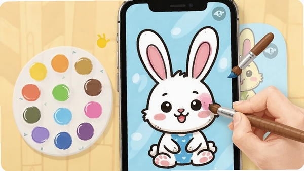 ����ѧ��ʻ�APPͿɫ����չʾ���ֻ���Ļ����ʾһֻ�ѻ��õĿ�ͨС���ӣ��Ա��в�ɫ��ɫ�̺ͻ��ʹ��ߣ��û����ڸ�С����Ϳ�Ϸ�ɫ���䣬������ܰ��Ȥ