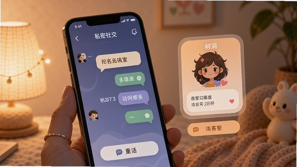 秘语空间APP界面展示,私密社交主题,手机屏幕中显示匿名聊天室与树洞倾诉功能,柔和暖色调背景,科技感与温馨感结合,高清UI设计图