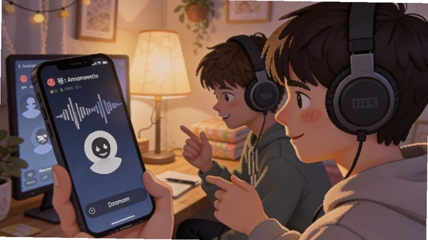 秘语空间匿名语音房场景,年轻人戴着耳机在温馨房间内语音聊天,手机屏幕显示声波与匿名头像,柔和灯光,插画风格