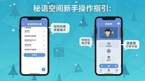 秘语空间新手操作指引图,手机屏幕展示安装权限设置步骤和语音房界面,配有文字标注,扁平化设计风格