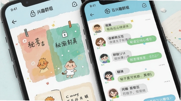 秘语空间心情日记与兴趣群组界面,手机展示彩色日记卡片和群组聊天列表,清新插画风格,突出隐私锁图标