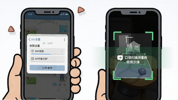 口袋扫描测量仪新手操作示意图,手机屏幕显示权限设置界面和AR平面识别成功提示,卡通风格