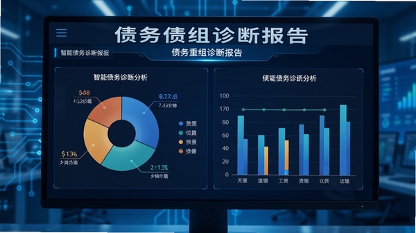 债务重组软件中智能债务诊断功能界面,展示饼状图与柱状图分析负债结构,屏幕上方有债务重组诊断报告字样,背景为科技感蓝色调,突出数据可视化与专业分析氛围