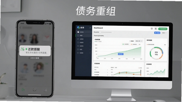 债务重组软件在手机与电脑端同步使用的场景图,左侧手机显示还款提醒通知,右侧电脑模拟器展示债务进度看板,画面带有债务重组文字,整体风格简洁实用,突出多端协同管理债务的便捷性