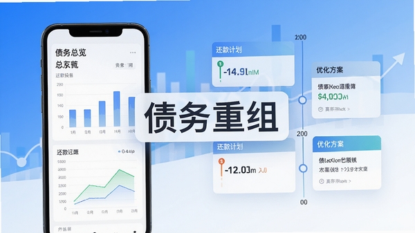 债务重组软件主界面展示,手机屏幕中显示债务总览图表、还款计划时间轴与优化方案推荐卡片,背景为简洁的蓝白渐变风格,突出专业金融工具氛围,画面中央带有债务重组文字标识