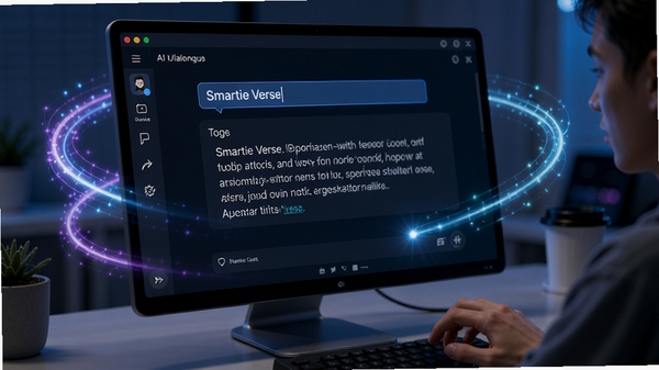 Smartie Verse软件内AI对话界面,用户正在输入创作主题,屏幕显示生成中的文案内容,科技感光效环绕,突出智能交互体验